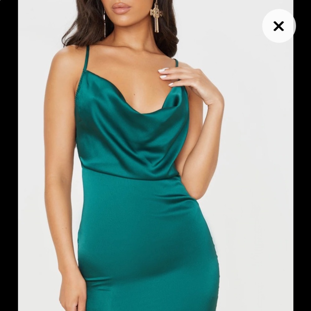 PRETTY LITTLE THING Emerald Green Strappy Draped Neck Midi Dress-10